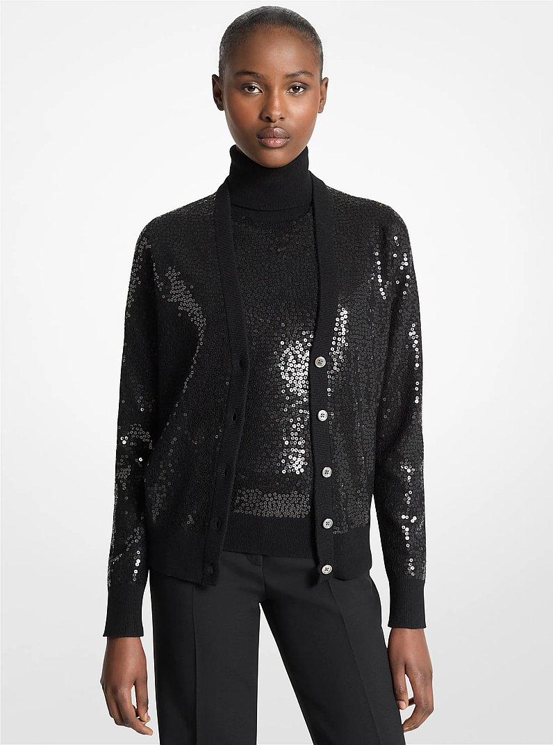 Embroidered Sequin Cashmere Cardigan in BLACK | Michael Kors