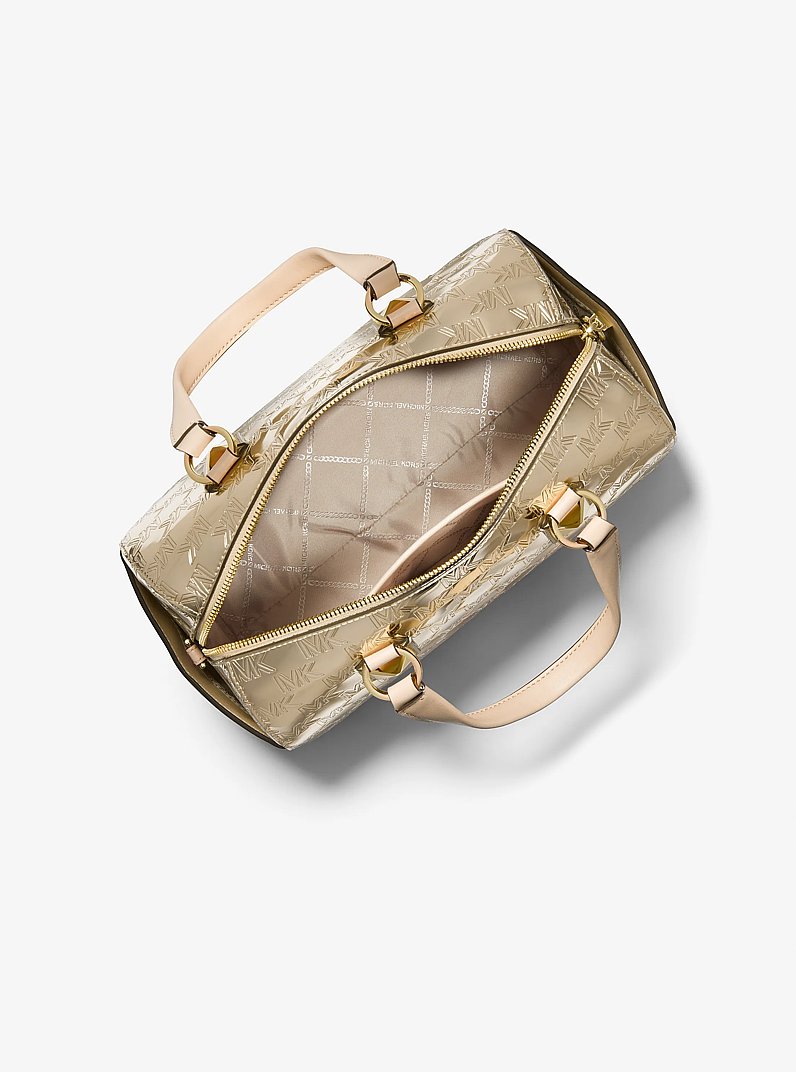 Grayson Medium Logo Embossed Patent Satchel in PALE GOLD | Michael Kors