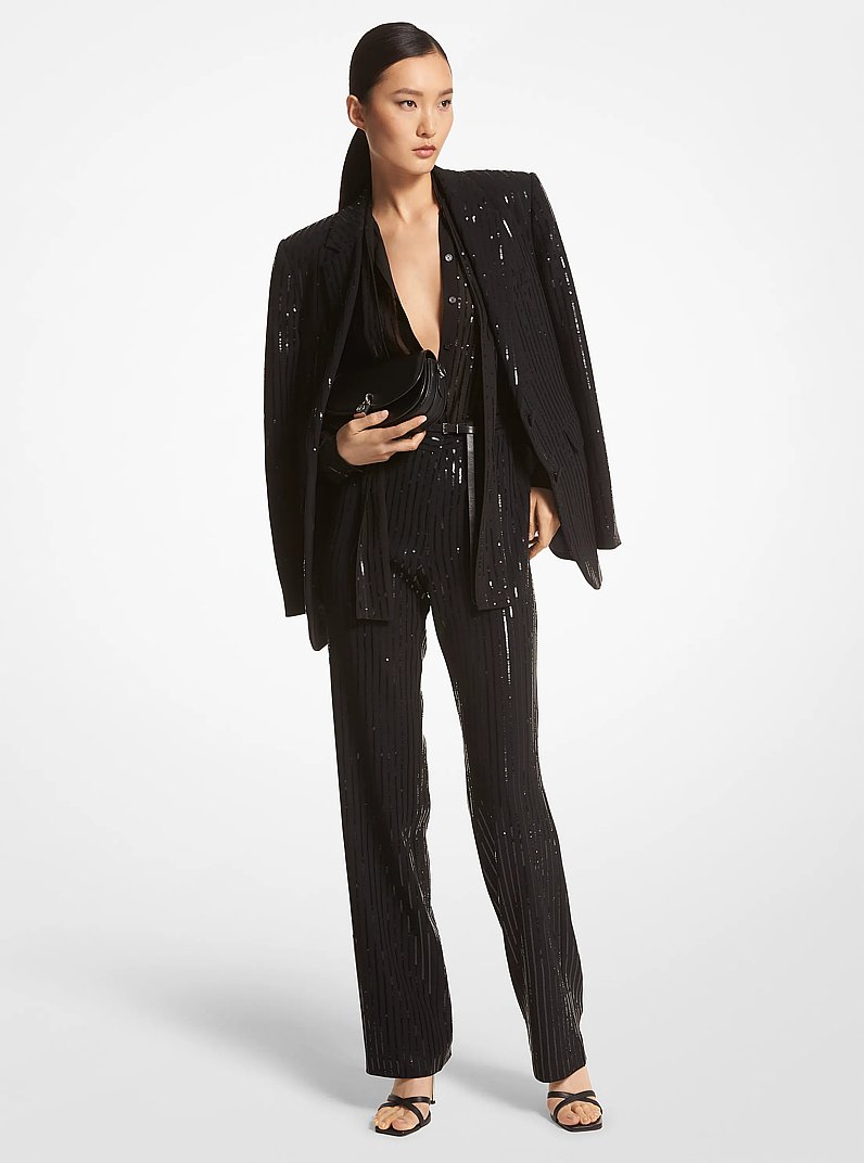 Blazer tipo boyfriend de crep&eacute; con lentejuelas y raya diplom&aacute;tica in NEGRO | Michael Kors