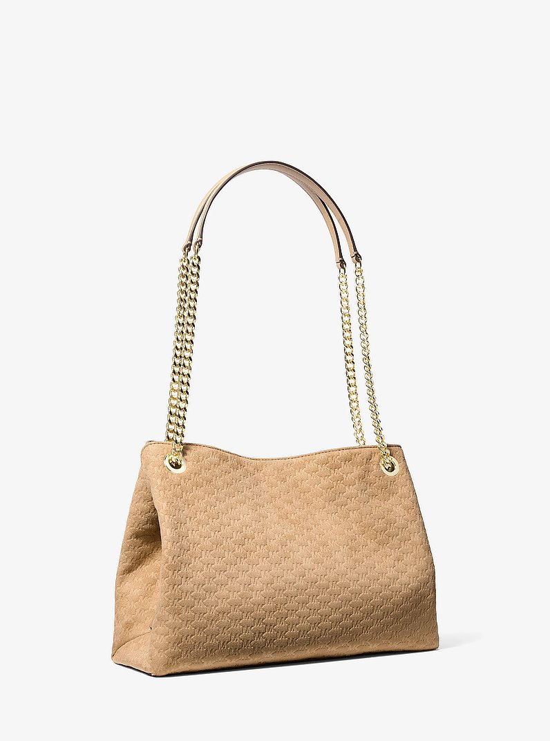 Christina Medium Logo Debossed Microsuede Messenger Bag in CAMEL | Michael Kors