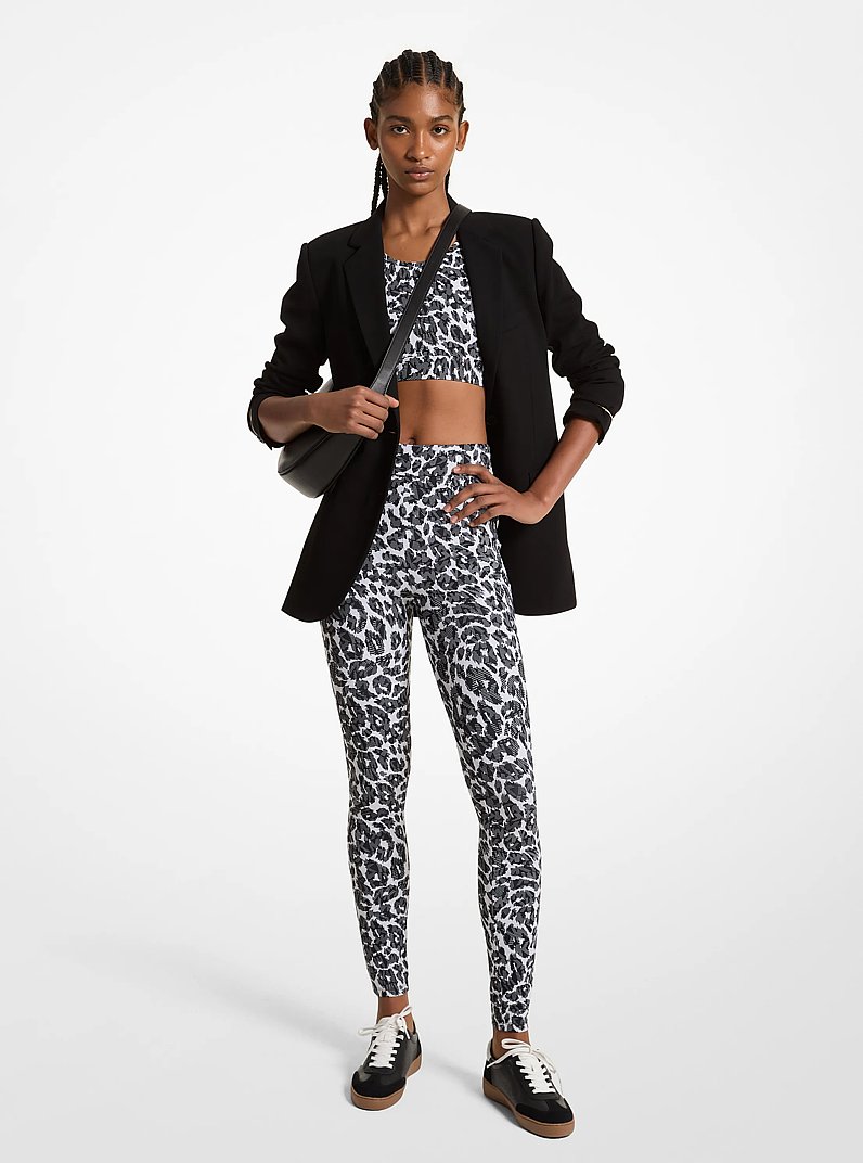 Stretch Recycled Nylon Leopard Logo Leggings in ALUMINUM | Michael Kors