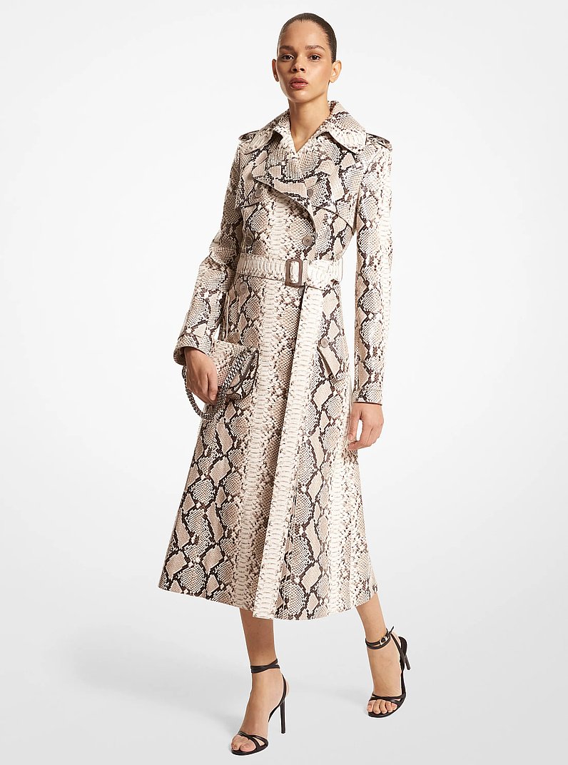 Python Embossed Leather Trench Coat in NATURAL | Michael Kors