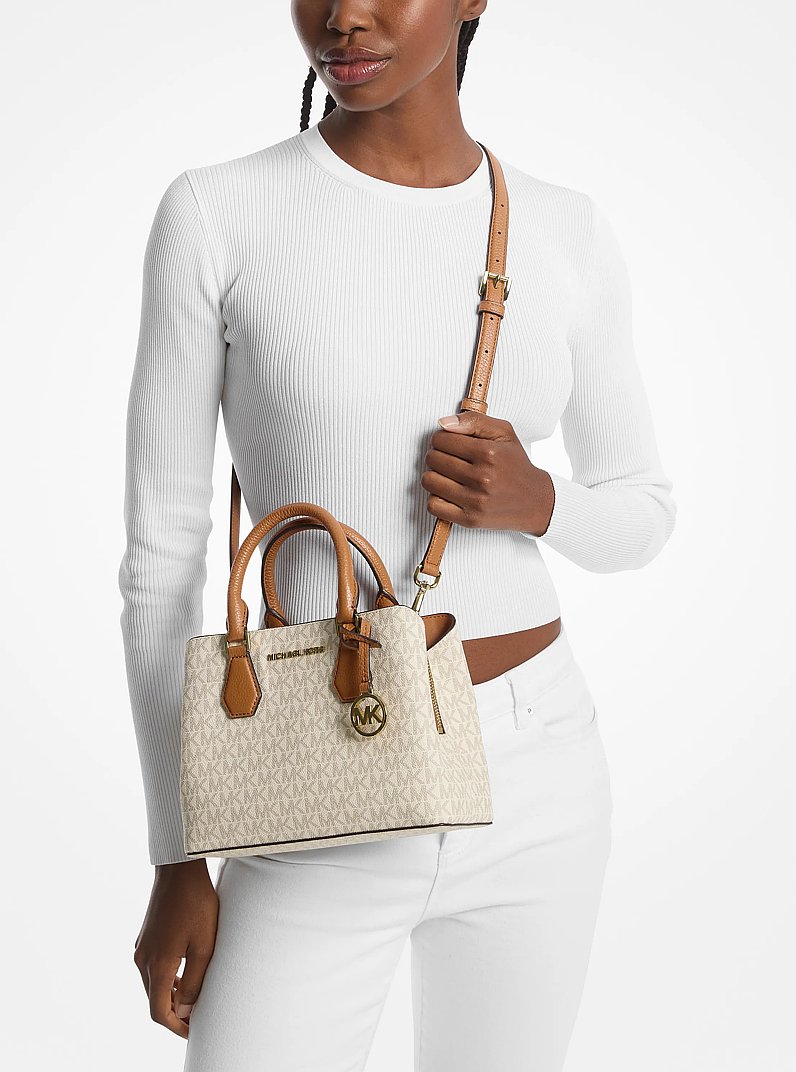 Camille Small Logo and Leather Satchel in VANILLA | Michael Kors