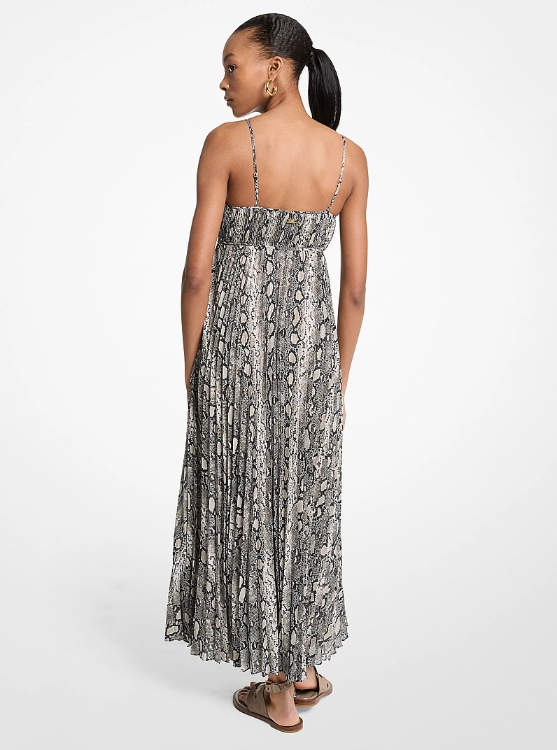 Snake Print Georgette Pleated Maxi Dress in SOFT ECRU | Michael Kors