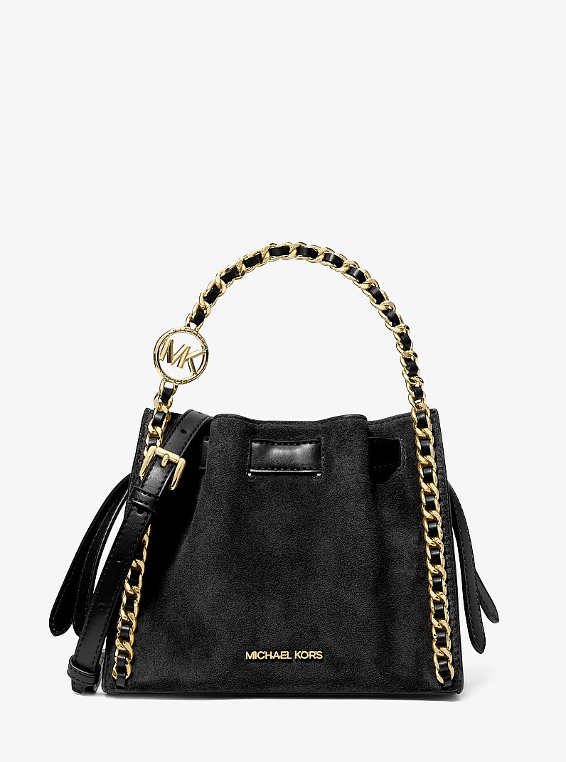 Mina Small Suede Logo Chain Crossbody Bag in BLACK | Michael Kors