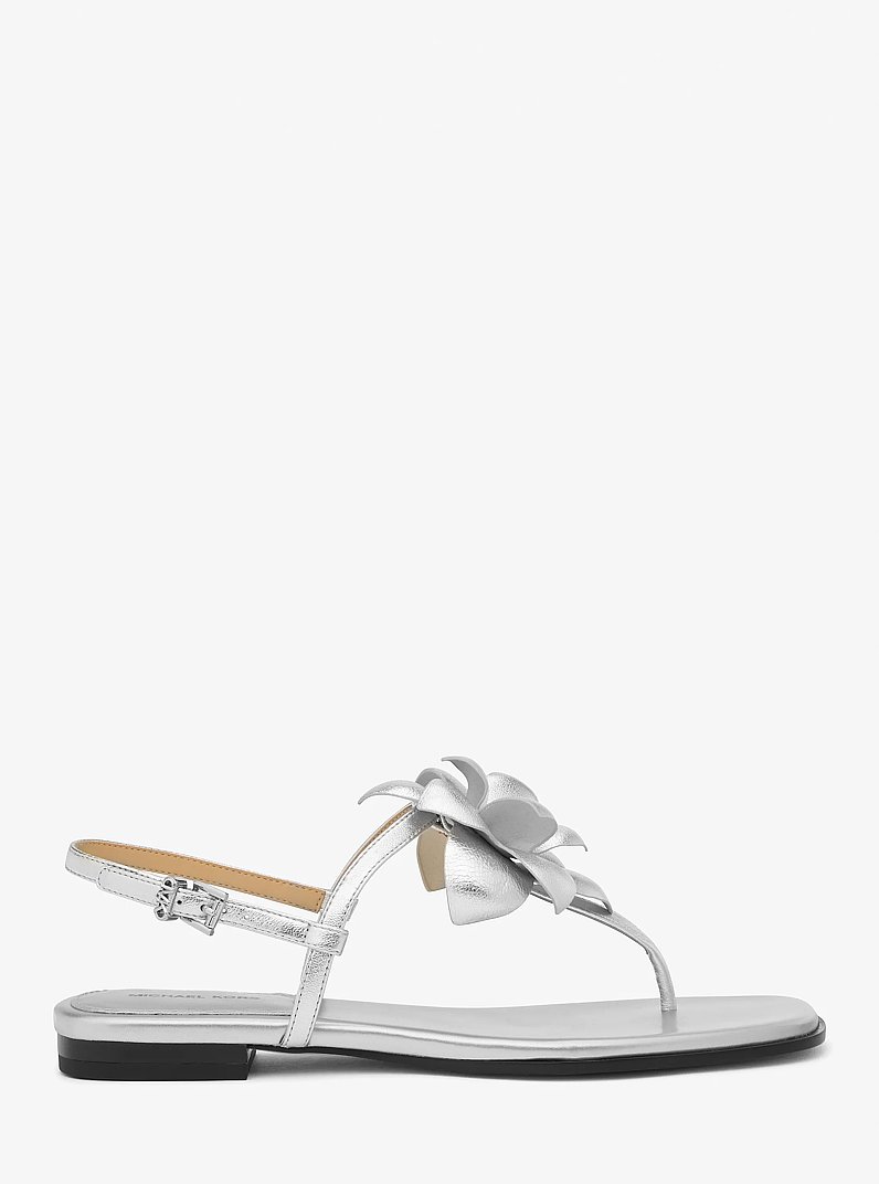 Jacie Floral Embellished Metallic Leather T-Strap Sandal in SILVER | Michael Kors