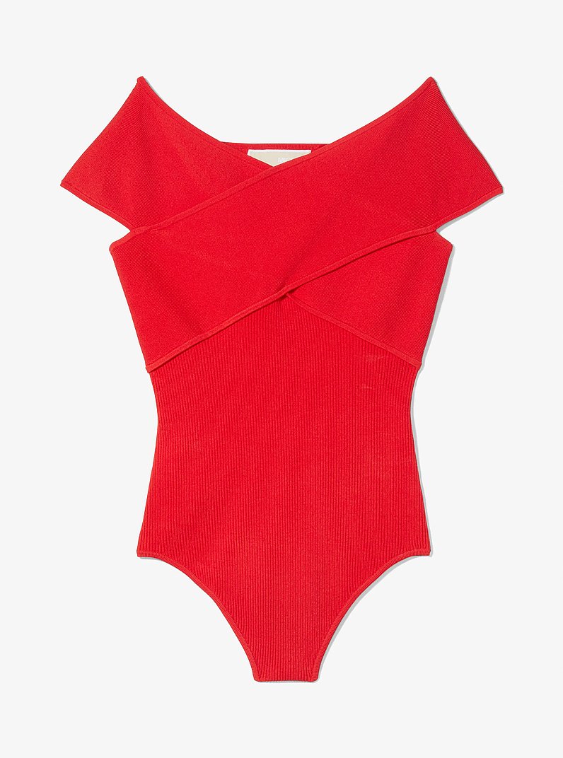 Ribbed Stretch Knit Crossover Bodysuit in LACQUER RED | Michael Kors