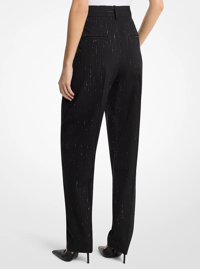 Dru Pleated Pinstriped Sequin Stretch Wool Trousers in BLACK/WHITE | Michael Kors