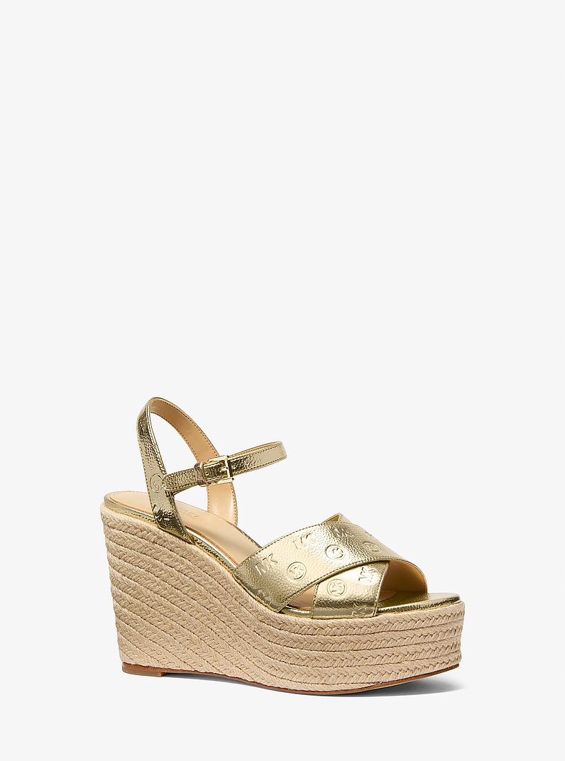 Luciana Metallic Logo Debossed Wedge Sandal in PALE GOLD | Michael Kors