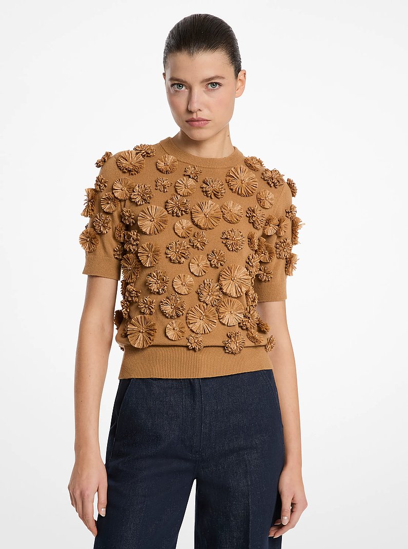 Hand-Embroidered Floral Cashmere Shell Top