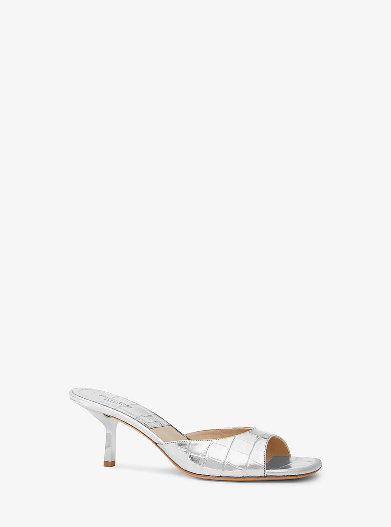 Anita Metallic Crocodile Embossed Leather Sandal in SILVER | Michael Kors