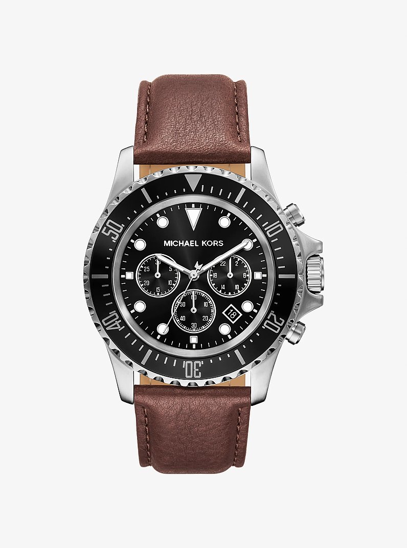 Oversized Everest Silver-Tone and Leather Watch in SILVER | Michael Kors