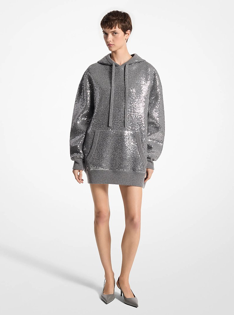 Sequined Cashmere Blend Hoodie in BANKER GREY | Michael Kors