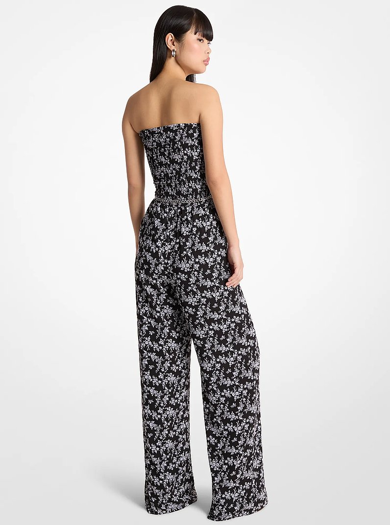 Floral Print Smocked Georgette Belted Jumpsuit in BLACK/WHITE | Michael Kors