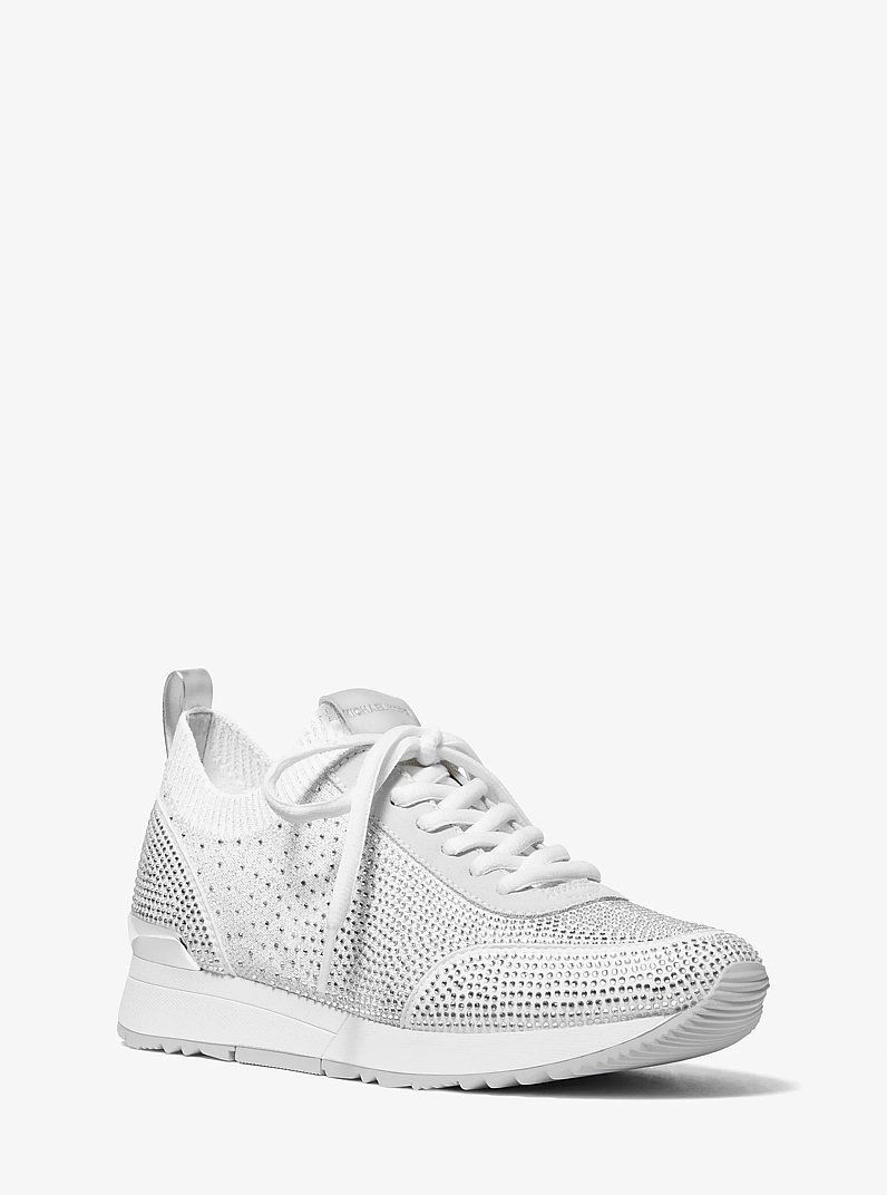Jenkins Crystal Embellished Metallic Stretch Knit Trainer in SILVER | Michael Kors