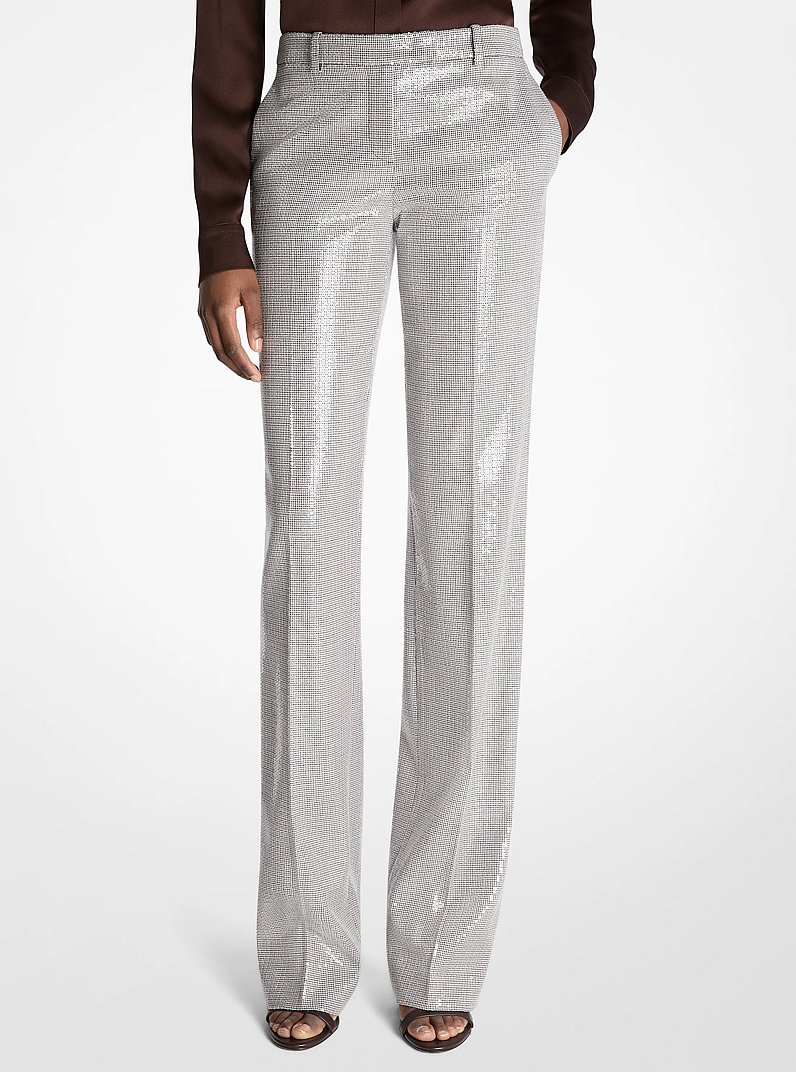 Pantalones Carolyn de lana el&aacute;stica con estampado pata de gallo y lentejuelas bordadas a mano in CHOCOLATE/BLANCO | Michael Kors