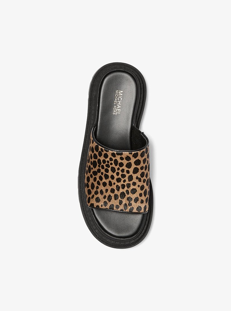 Kendra Cheetah Print Calf Hair Platform Slide Sandal in HUSK MULTI | Michael Kors