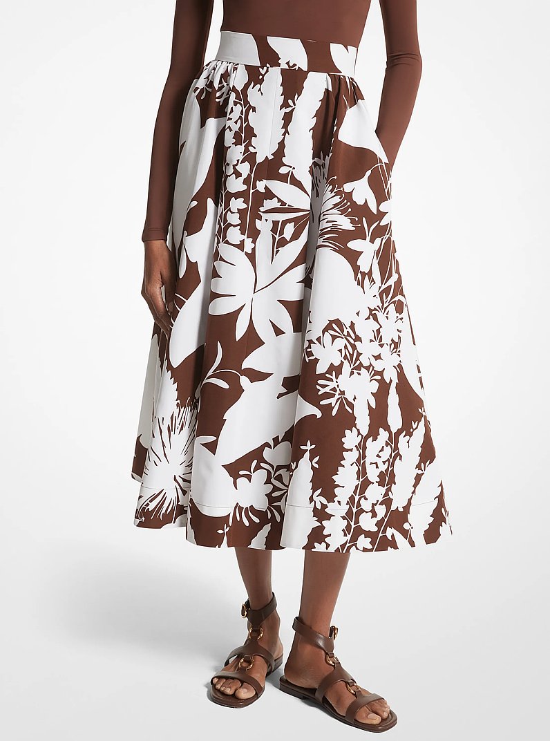 Shadow Floral Cotton and Silk Faille Skirt in NUTMEG/OPTIC WHITE | Michael Kors