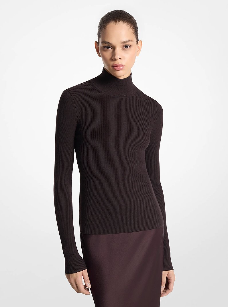 Ribbed Stretch Merino Wool Turtleneck Sweater in CHOCOLATE | Michael Kors