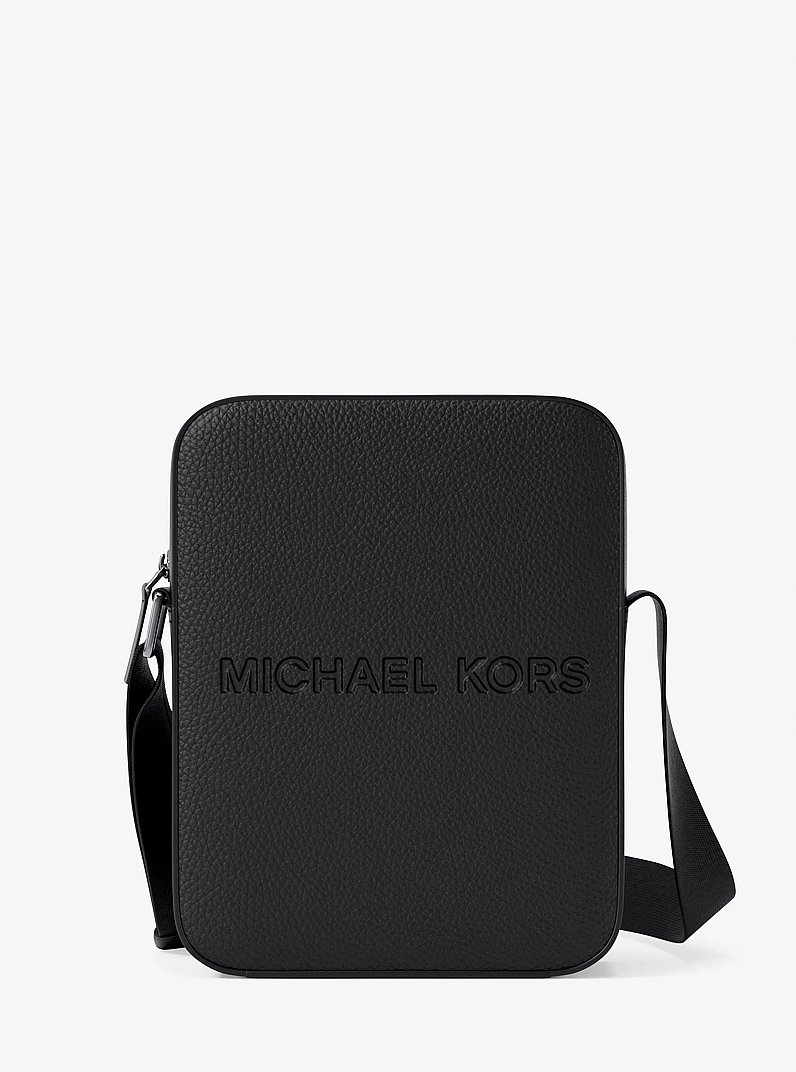 Cooper Logo Embossed Pebbled Leather Messenger Bag in BLACK | Michael Kors