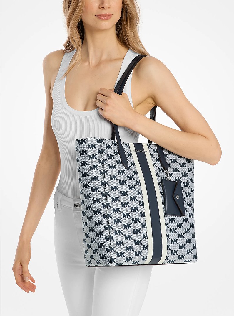 Vincent Large Logo Jacquard Tote Bag with Card Case in NAVY - Sale