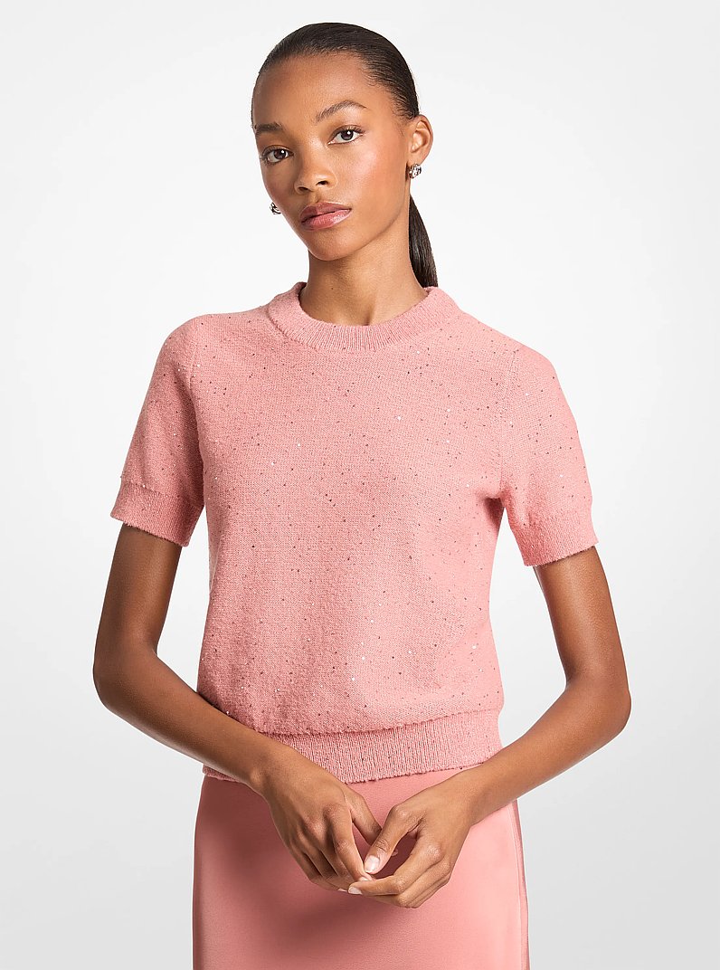 Embellished Knit Short-Sleeve Sweater in SUNSET ROSE | Michael Kors