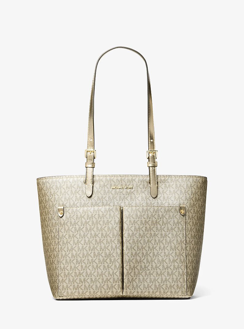 Jet Set Medium Metallic Signature Logo Pocket Tote Bag in PALE GOLD | Michael Kors