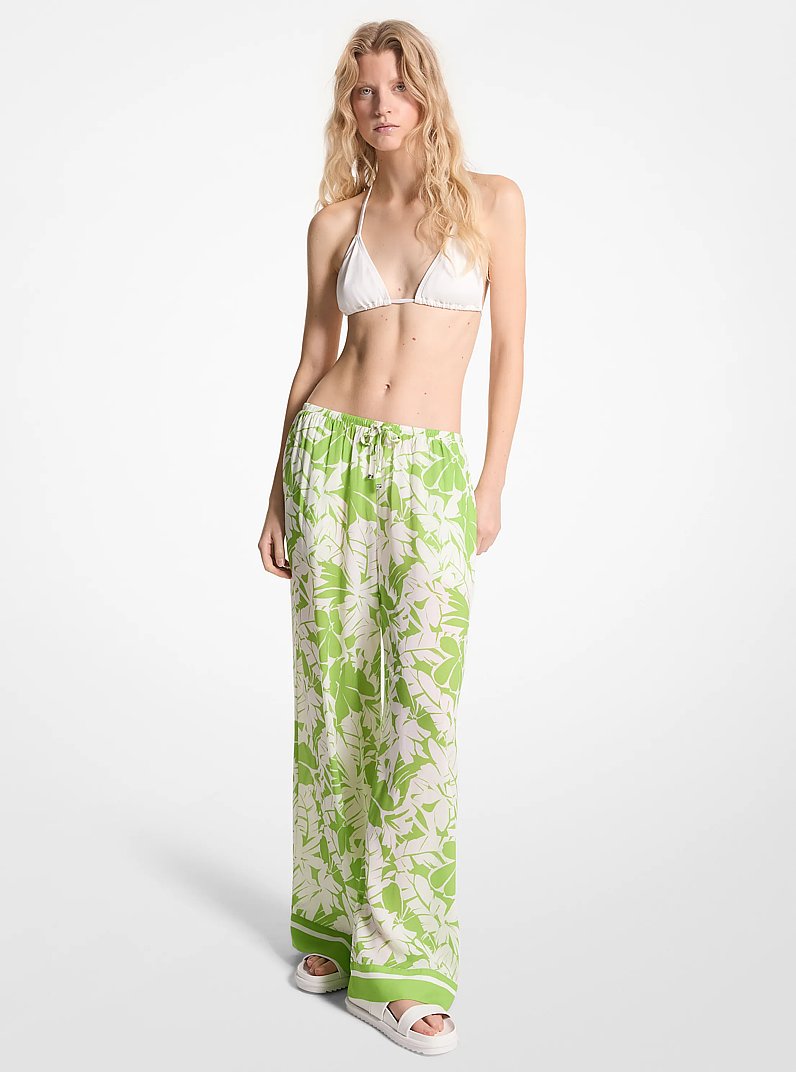 Palm Print Woven Wide-Leg Pants in GREEN/WHITE | Michael Kors