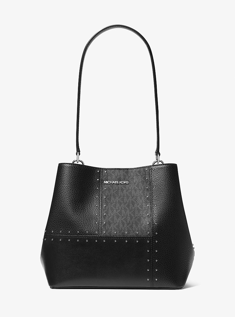 Pratt Medium Studded Patchwork and Signature Logo Shoulder Bag in BLACK | Michael Kors
