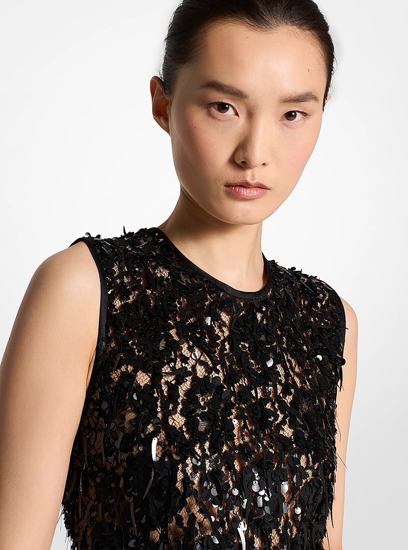 Nauwsluitende jurk van gebloemd kant met handgeborduurde lovertjes in ZWART | Michael Kors