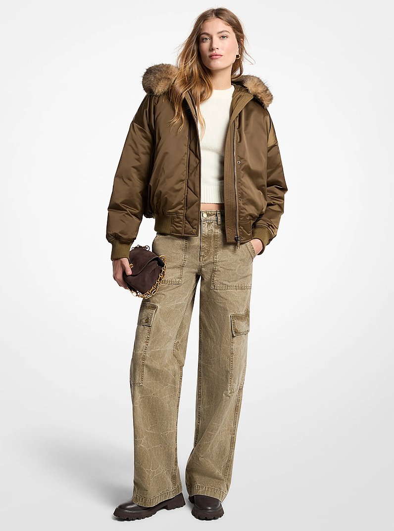 Faux Fur-Trimmed Satin Cir&eacute; Hooded Bomber Jacket in DUFFLE | Michael Kors
