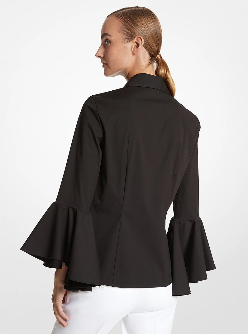 Organic Stretch Cotton Poplin Ruffle-Sleeve Blouse in BLACK | Michael Kors