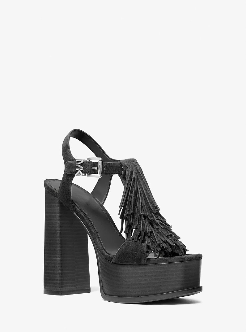 Sandale &agrave; plateforme Indra en su&egrave;de &agrave; franges in NOIR | Michael Kors