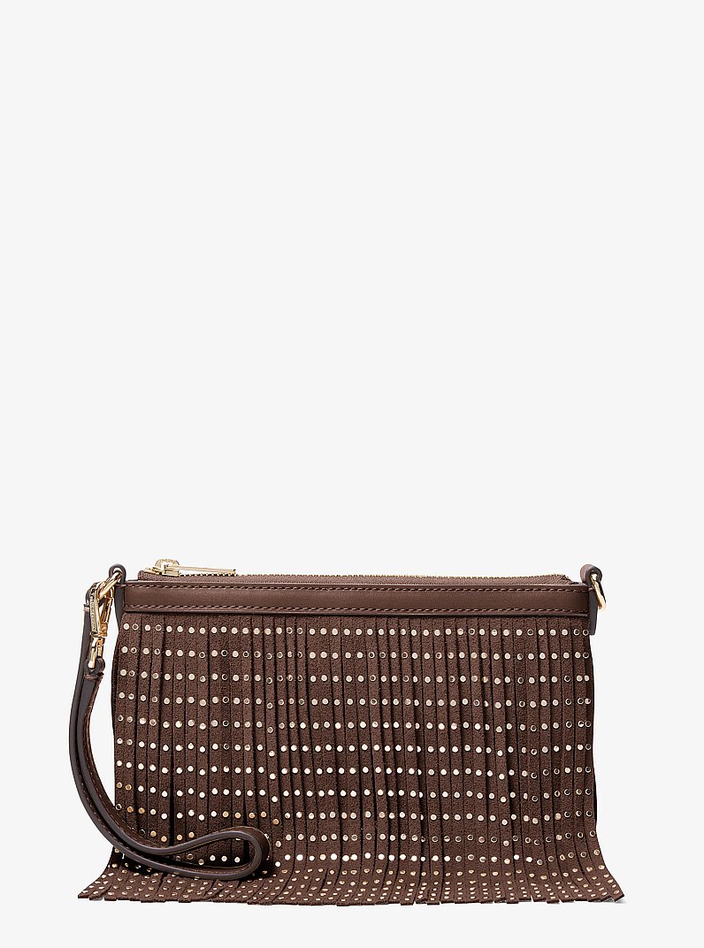 Studded Fringed Polyester Microsuede Wristlet in NUTMEG | Michael Kors