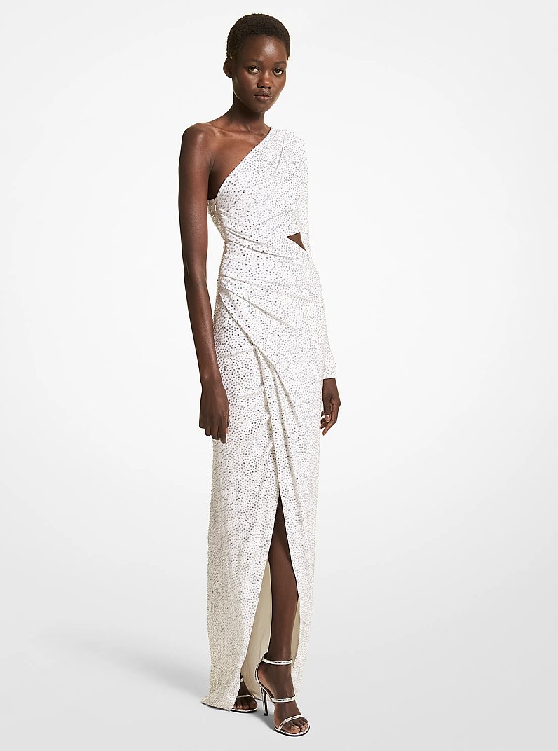 Crystal Embroidered Stretch Jersey Asymmetric Gown in OPTIC WHITE | Michael Kors
