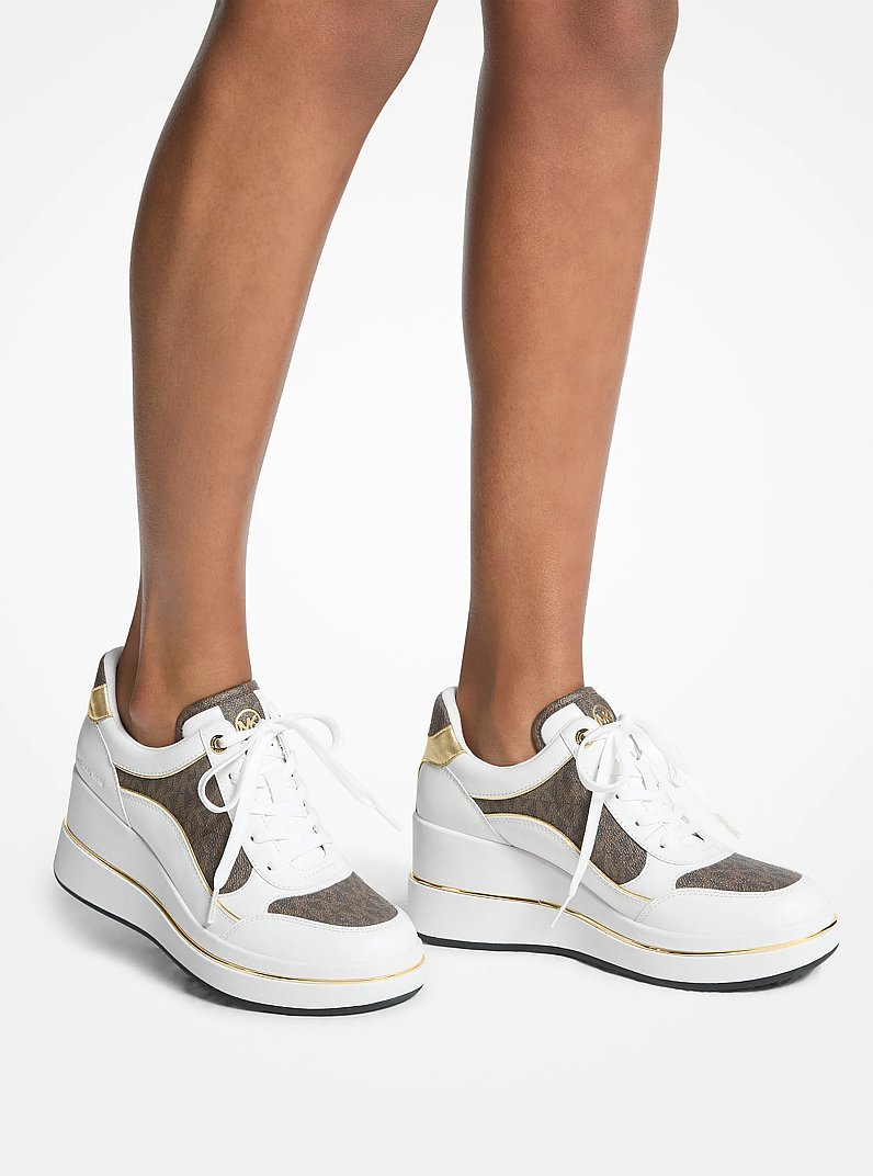 Emmy Signature Logo and Leather Wedge Trainer in BROWN | Michael Kors