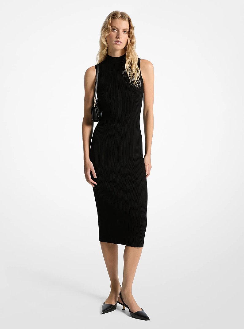 Ribbed Mock Neck Midi Dress in BLACK | Michael Kors