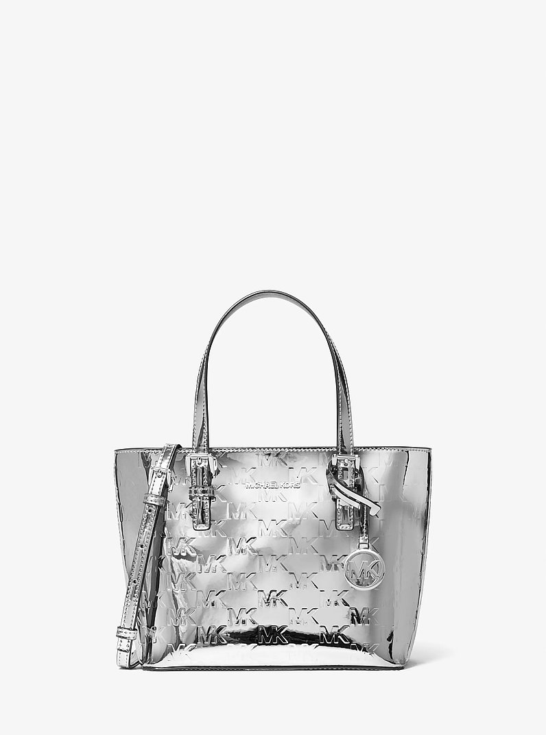 Jet Set Extra-Small Patent Logo Debossed Convertible Tote Bag in SILVER | Michael Kors
