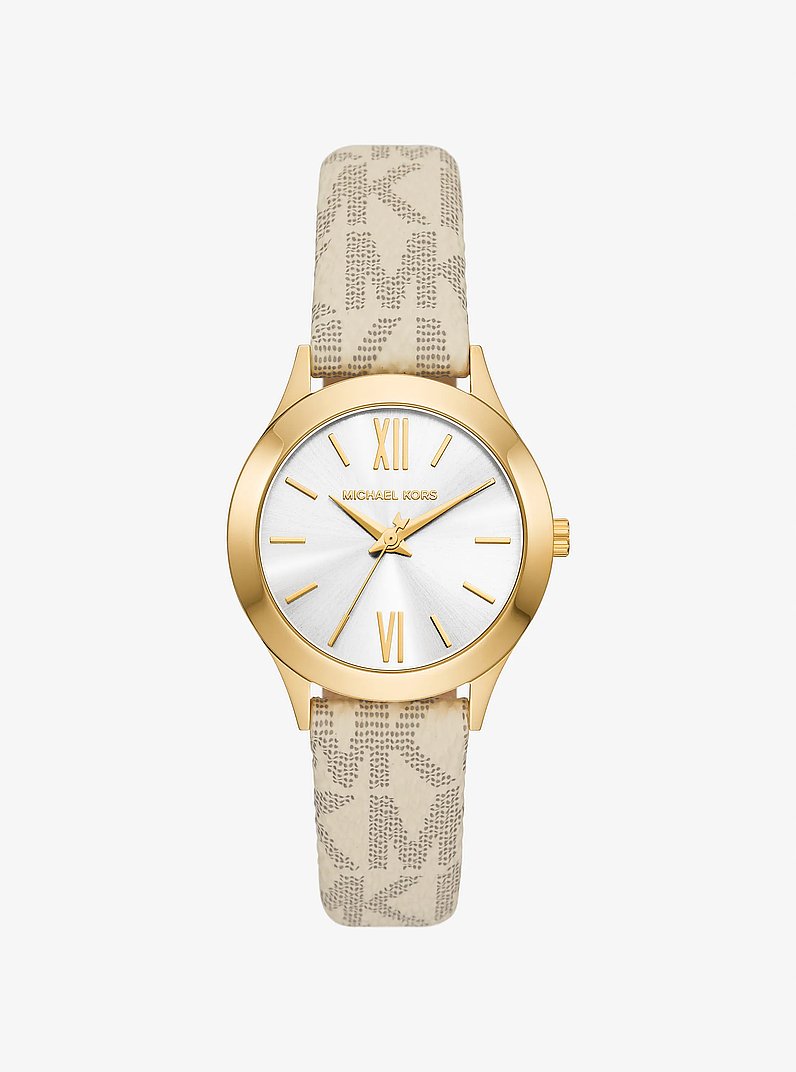 Mini Aspyn Gold-Tone and Signature Logo Watch in VANILLA | Michael Kors