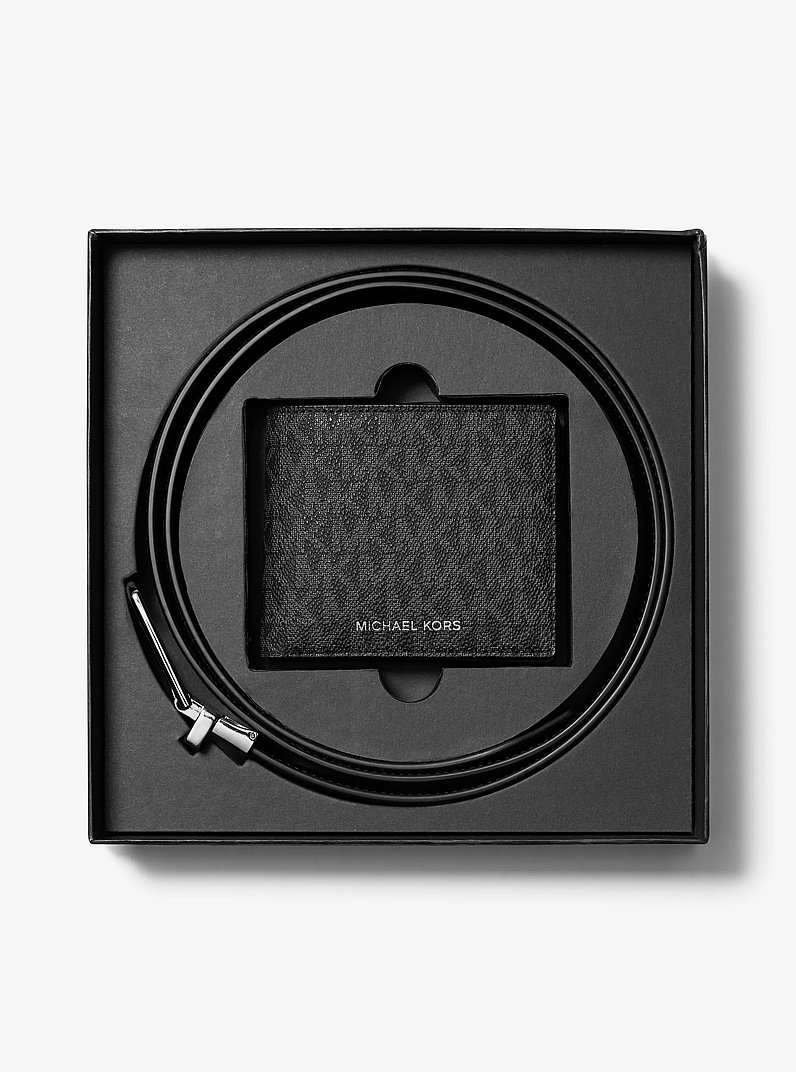 Brieftasche und G&uuml;rtel mit Signature-Logomuster im Geschenkset in SCHWARZ | Michael Kors