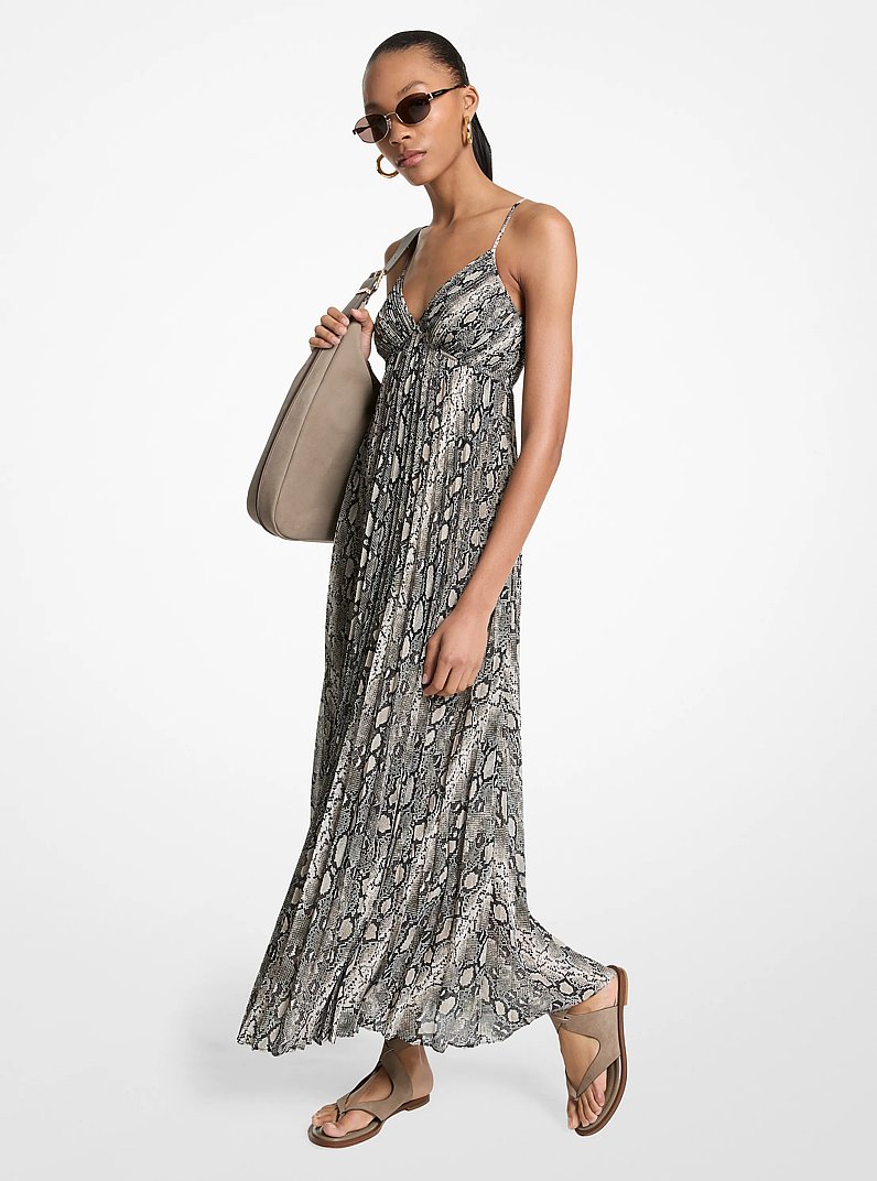 Snake Print Georgette Pleated Maxi Dress in SOFT ECRU | Michael Kors