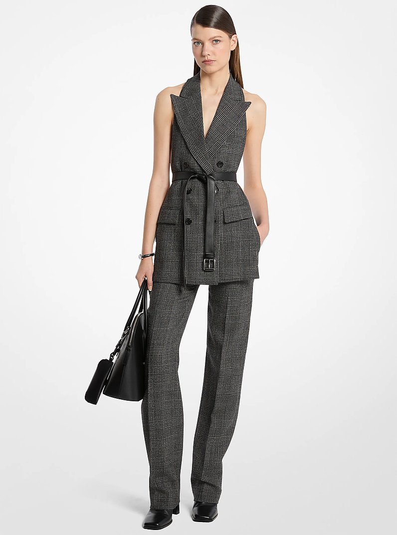 Glen Plaid Wool Belted Backless Blazer