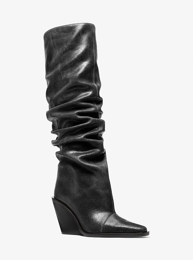 Noemie Distressed Leather Slouchy Boot in BLACK | Michael Kors