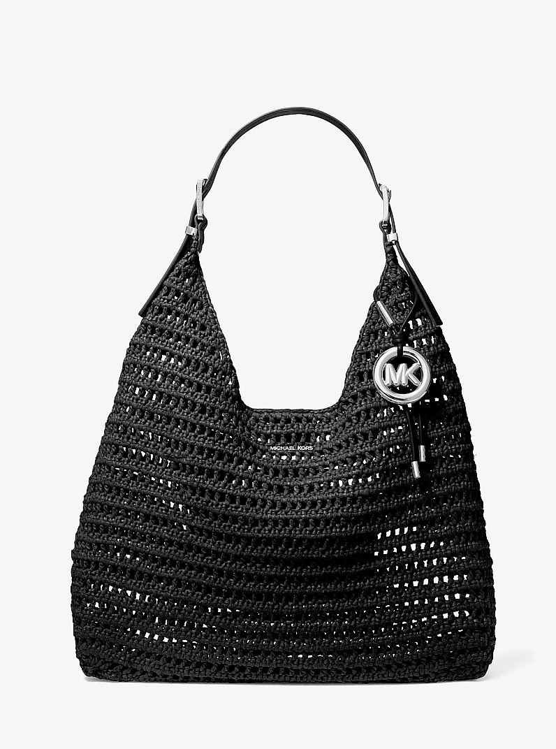 Nolita Large Crocheted Hobo Shoulder Bag in BLACK/BLACK | Michael Kors