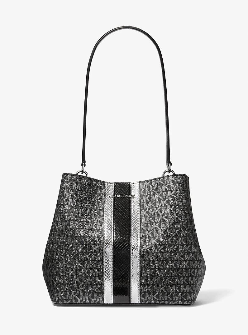 Bolso de hombro Pratt mediano con logotipo exclusivo met&aacute;lico in NEGRO | Michael Kors