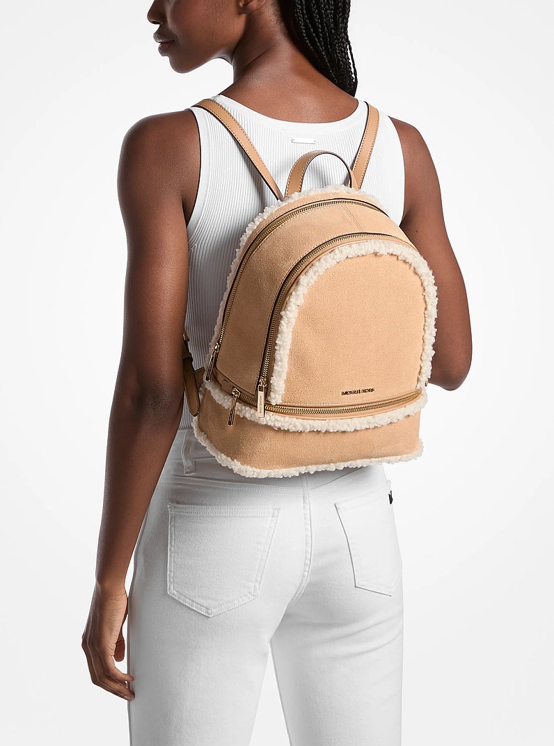 Rhea Medium Suede and Faux Shearling Backpack in PEANUT | Michael Kors