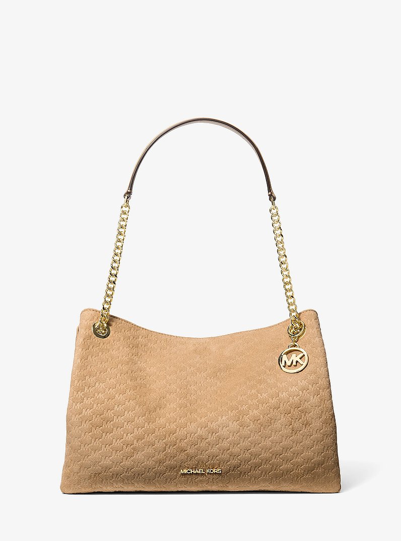 Christina Medium Logo Debossed Microsuede Messenger Bag in CAMEL | Michael Kors