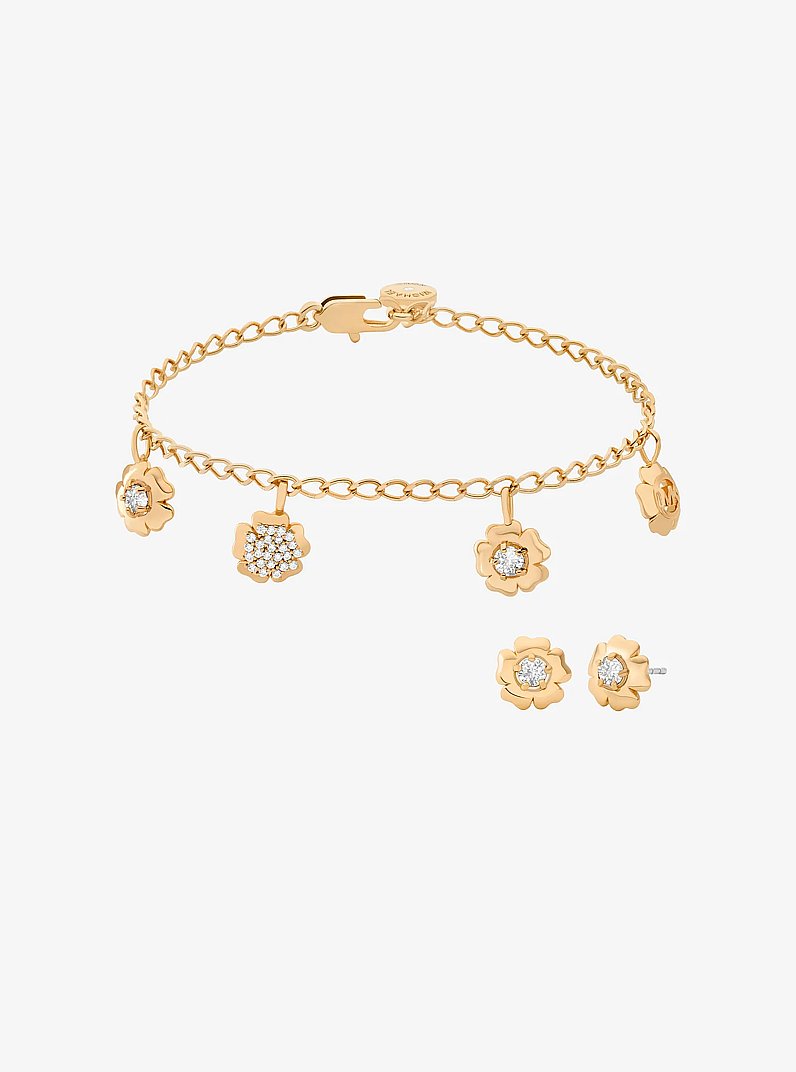 Pav&eacute; Flower Charm Bracelet and Stud Earrings Jewelry Set in GOLD | Michael Kors