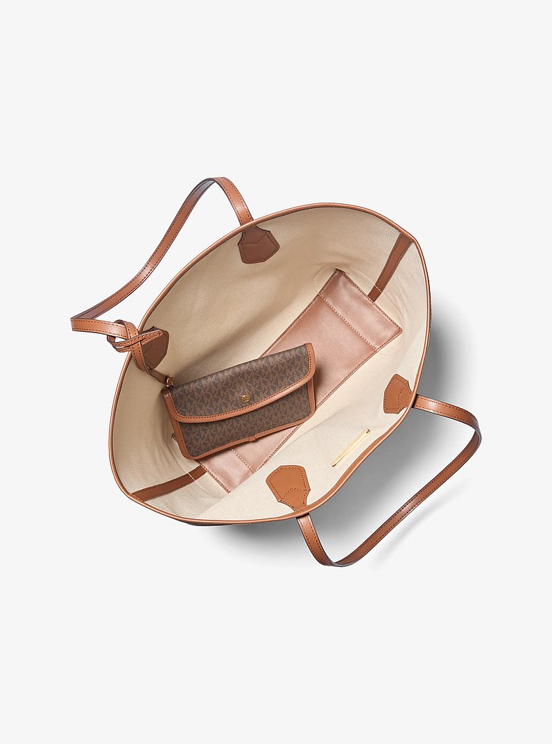 Eva Large Signature Logo Stripe Tote Bag in BROWN | Michael Kors