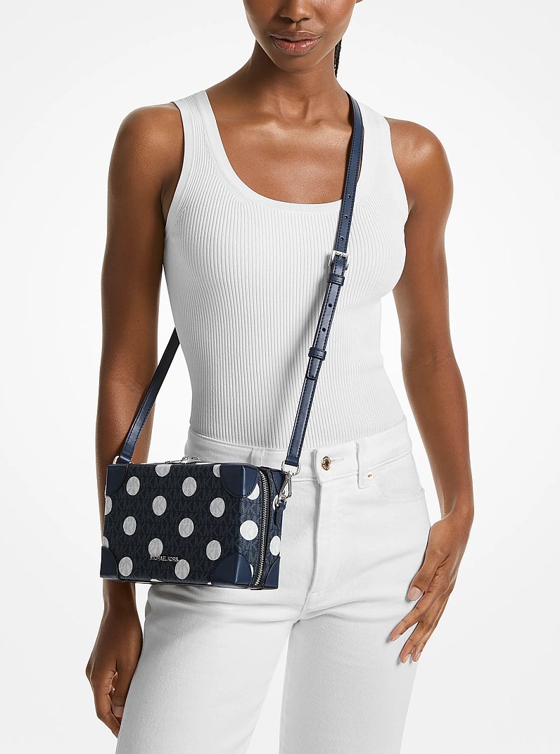 Petit sac &agrave; bandouli&egrave;re mallette Jeanie &agrave; pois et &agrave; logo Signature in BLEU MARINE | Michael Kors